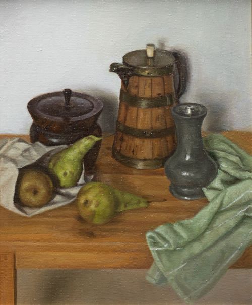 still life with pitcher, pewter and pear by gavin young