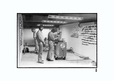 John Pasmore and Jan Harlan (Executive Producer) testing the front projection in the Garage Conversion, Abbotsmeade