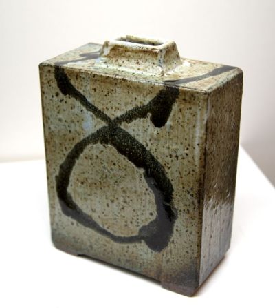 square bottle, wood ash glaze